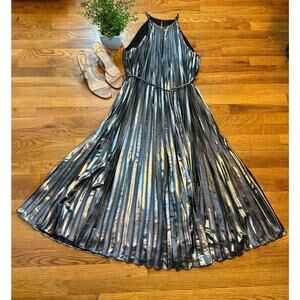 Ted Baker Womens 4 8 10 Silver Metallic Gunmetal Pleated Halterneck Midi Dress